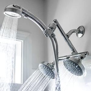 Shower with Power High Pressure Double Shower Heads with Handheld Spray. Adjustable Ball Joint and Detachable Head with Pressure Control Valves for an Enjoyable Spa Bathing Experience.