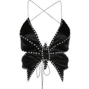 JUMISEE Women Sparkly Rhinestone Butterfly Crop Top Sexy Satin V Neck Bakless Lace Up Cami Tank Top for Rave Festival (Black)