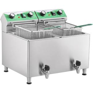 25.3QT/24L Commercial Deep Fryer with Oil Filtration and Timer Electric Deep Fryer with 2 Baskets and Lids Dual Tank Stainless Steel Large Countertop Fryer for Restaurant Use,110V 1750W x 2