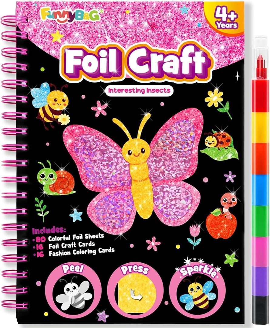 FUNNYB&G Foil Art Crafts for Kids Ages 4-8: Valentines Crafts for Kids 2026,Birthday Gift for Girls,Art and Crafts Supplies,Party Favors,Creative Toys for Girls Boys 4 5 6 7 8 9 Years Old(Insects)
