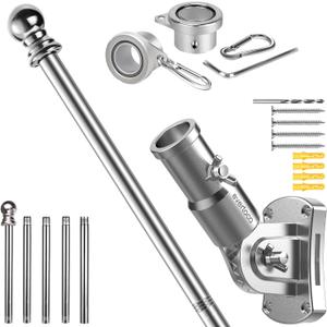 Premium Flag Pole Kit - T304 Stainless Steel 180Adjustable Flag Bracket, Thicker 6 Ft Flag Pole with Aluminum Alloy Rings - Durable, Wind Resistant, Rust Free, Silver