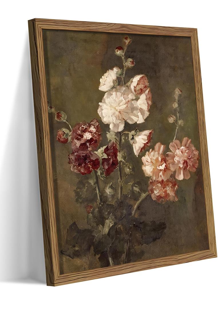 Vintage Framed Canvas Wall Art, Modern Farmhouse Floral Oil Painting, Rustic Flower Botanical Wall Decor, Retro Hollyhocks Poster Prints for Bedroom Living Room Kitchen Decor 16x24 inch