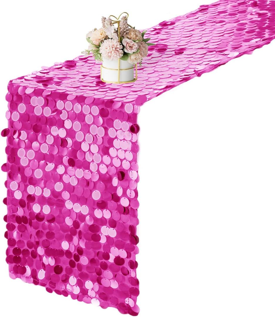 12 x 108 Inch Fuchsia Sequin Table Runner Glitter Rectangle Big Sequin Table Runner for Wedding Party Birthday Christmas Halloween Decoration (1 Pack)
