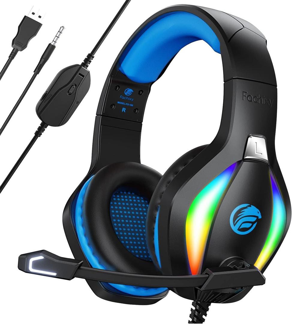FC100 Gaming Headset with Microphone for PS4, PS5, Switch, Xbox, PC, Mac, Gamer Headset with RGB Light, Computer Headphones with Mic (BLUE)
