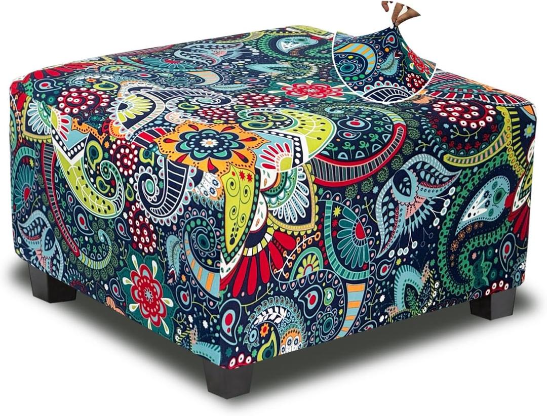 Ottoman Cover Square Slipcovers Printed,Stretch Footrest Stool Cover for Ottoman Square,Soft Foot Stool Cover Protector with Nonslip Elastic Bottom (Medium,Navy&Green)