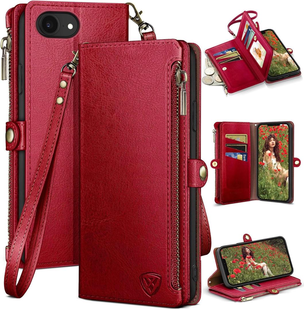 XcaseBar Compatible with iPhone 16e 6.1"/17e 6.1" Wallet case with Zipper Credit Card HolderRFID Blocking,Flip Folio Book PU Leather Phone case Shockproof Cover Women Men for Apple 16e case Red