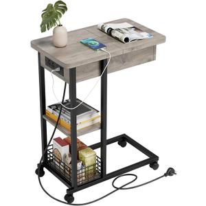 IDEALHOUSE C Shaped End Table with Charging Station, Grey Flip Top Sofa Table with USB Ports and Outlets, Narrow Side Table with 3 Tier Storage Shelf for Living Room, Bedroom, Small Spaces