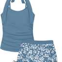 Girls Swimsuit 2 Piece Halterneck Girls Tankini Swimsuit Drawstring Printed Swim Shorts Girl Bathing Suit for 7-16T (11-12 Years, Grey Blue-1)