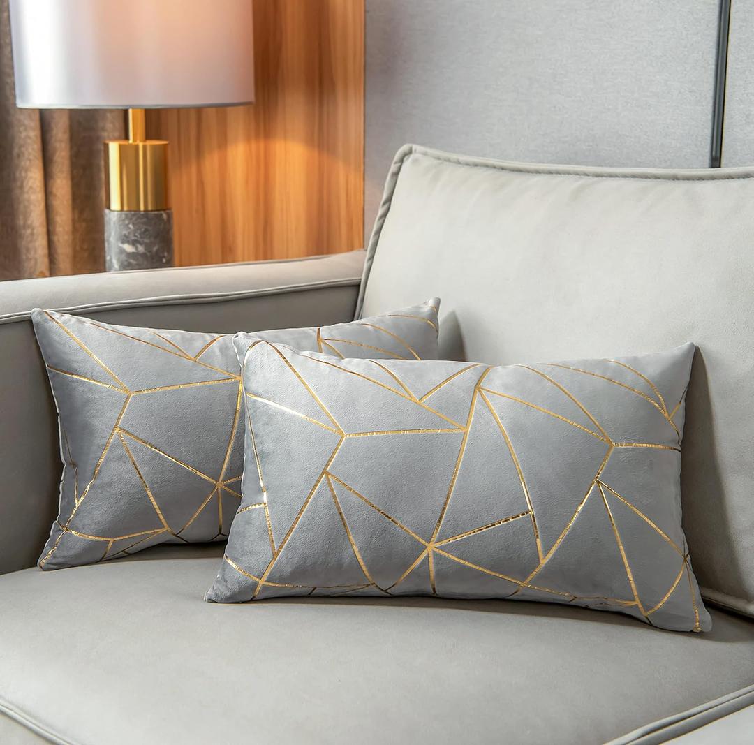YONGLIU Pack of 2 Soft Velvet Lumbar Throw Pillow Covers Decorative Gold Foil Geometric Pattern Cute Cushion Case for, Couch Living Room Sofa Bedroom Car (Grey and Gold, 12X20)