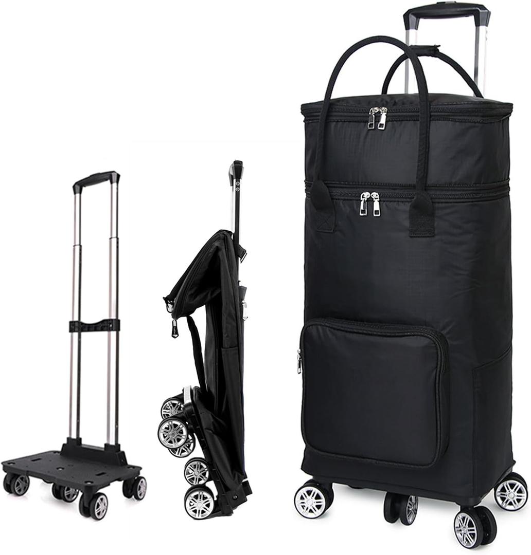 2 in 1 Shopping Cart with Wheels, Foldable Shopping Trolley with Insulation Bag, 65L Utility Dolly Grocery Cart Hand Truck for Groceries, Moving, Upgraded 5 Wheels Trolley Dolly Rover