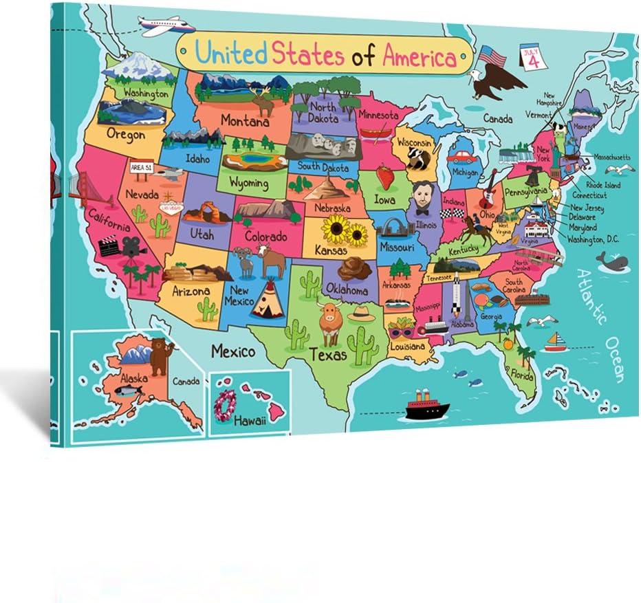 KREATIVE ARTS United States of America USA Kids Map Poster Art Prints Stretched Canvas Wall Art Gallery Canvas Wrap Giclee Print Ready to Hang for Classroom Walls Decor 24x36inch
