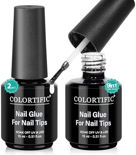 COLORTIFC 9 in 1 Nail Glue Base Coat Super Strong Brush in Gel Nail Glue 2 Pcs 15 ml for False Nails Tips, Rhinestone, Base Gel, Blooming Nail Art Gel Nail Kit for Acrylic Nails U V Lamp Needed, 4Pack