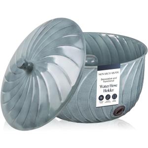 Monarch Abode Decorative Garden Hose Holder with Lid, Patina Storage for Outdoor Use, 100 ft Water Hose Pot for Outside, Wave Embossed Metal Pot with Drainage, Garden Storage Organizer