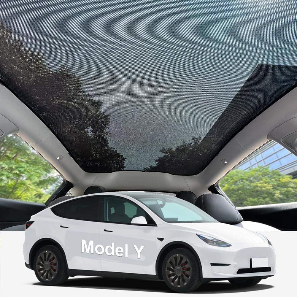Lightweight One Piece Mesh Tesla Sunshade Roof Glass Roof Sunshade for Model Y,Easy Install with Clips, Foldable & Storage Bag UV Blocking Car Shade(Model Y Juniper/Launch)