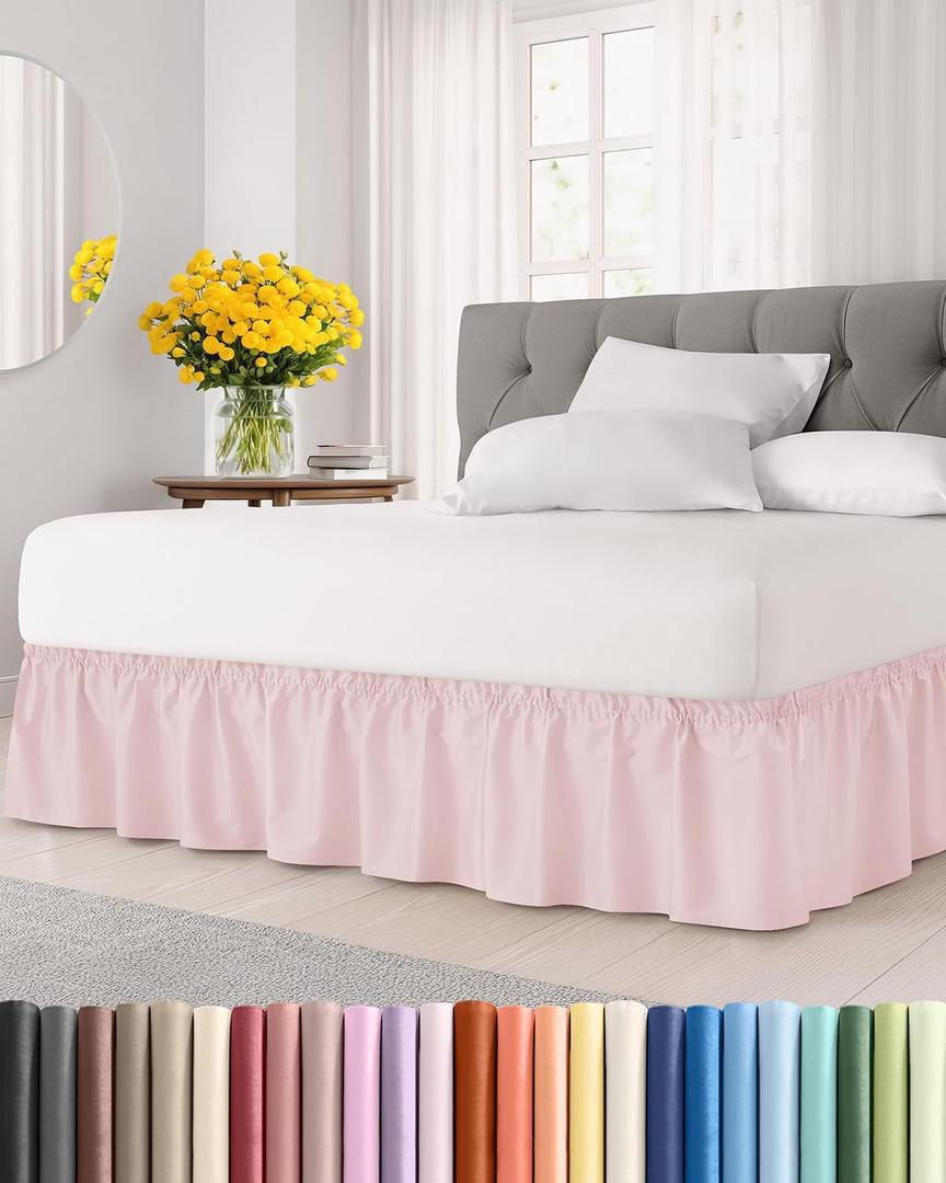 Wrap Around Dust Ruffle Bed Skirt - Lavender Pink - for Queen Size Beds w/ 15 Inch Drop - Easy Fit Elastic Strap - Adjustable Pleated Bedskirt w/Brushed Fabric -Wrinkle Free, Women, Men, Kids & Teens