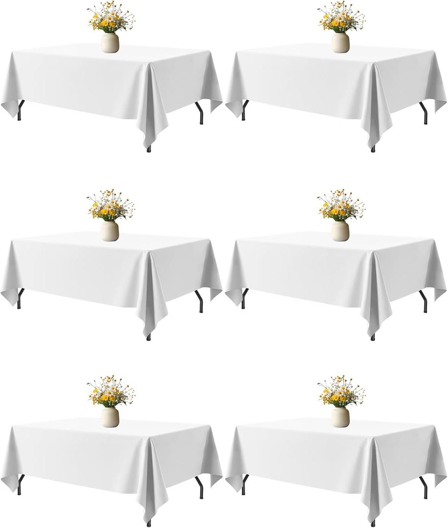 White Rectangle Table Cloth - 6 Pack, 60"  102" Washable Fabric Tablecloth for 5FT Tables, Wrinkle-Resistant & Heat-Proof Table Cover for Weddings, Dinners & Parties