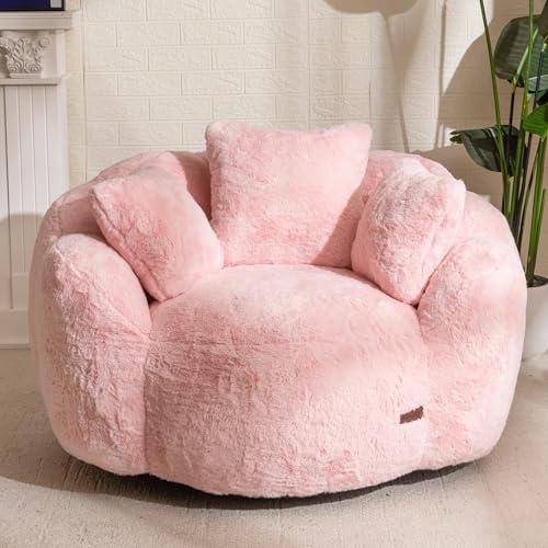 MAXYOYO Bean Bag Chair with 3 Pillows, Oversized Floral Shaped Bean Bag Sofa for Adults, Ultra Soft Faux Fur Floor Sofa, Large Stuffed Reading Chair for Living Room Bedroom, Pink
