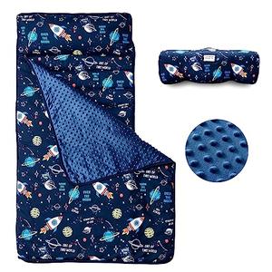 beeweed Toddler Nap Mat, Rollup Design Kid Sleeping Mat with Removable Pillow & Minky Blanket, Toddler Sleeping Bag for Daycare Preschool Travel Camping, Space Ship, Nap mat size (including pillow): 23” x 52”, Blanket size: 31” x 42”