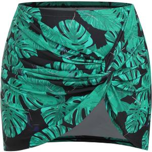 ZAFUL Womens Swim Skirt Twist Bathing Suit Skirt with Build-in Brief Mid Rise Swimsuit Bottom Skort (Size X-Large, 0-black Leaf)