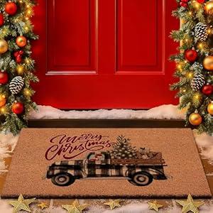 Lanpn Christmas Welcome Natural Coir Door Mat, Truck Lorry Large Coco Front Door Outdoor Doormat Outside Entrance Porch Non Slip Rubber Rug Winter Xmas Farmhouse Decor (Brown, 36x24 inch)