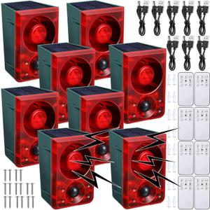 Qualirey 4 Pcs Solar Outdoor Motion Sensor Alarm Animal Deterrent Gunshot Sound Dog Barking 130db Loud Noise Maker 3 Modes with USB Remote Control, Support Recording and Volume Adjustment (Red)