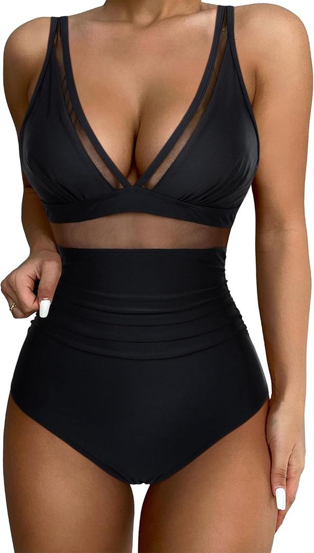 SUUKSESS Women Sexy Mesh Tummy Control Swimsuit Push Up High Waisted Bathing Suit (Large, 10 Black)