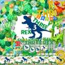 Three Dino Rex Birthday Party Decorations Dinosaur Birthday Party Supplies 3 Year Old Boy Dino Balloon Arch Backdrop Cake Topper Plates Napkins and Cups Table Cloth for for Boy T-Rex 3 Rex Dino Bday