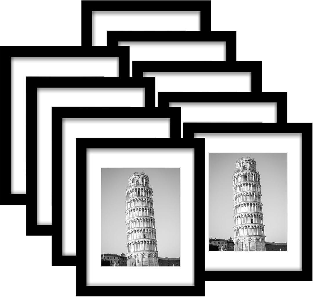 Wiscet 11x14 Picture Frame Set of 9, Display Pictures 8x10 with Mat or 11x14 Without Mat, Photo Frame for Wall Mounting or Tabletop Display, Black.