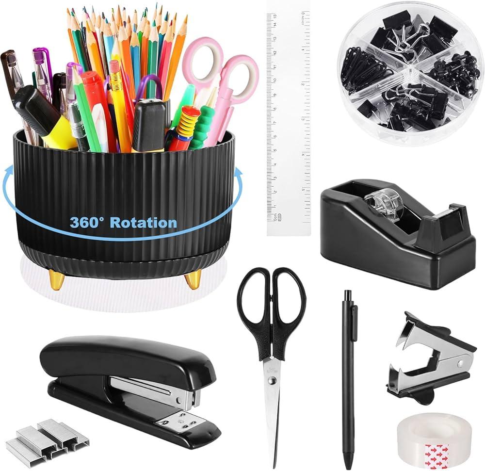Desk Organizers and Accessories Set with 360-Degree Rotating Pen Holder, Tape Dispenser, Stapler, Staple Remover, 1000 Staples, Tape, Clips Set, Ruler, Scissor, Pen (Black)