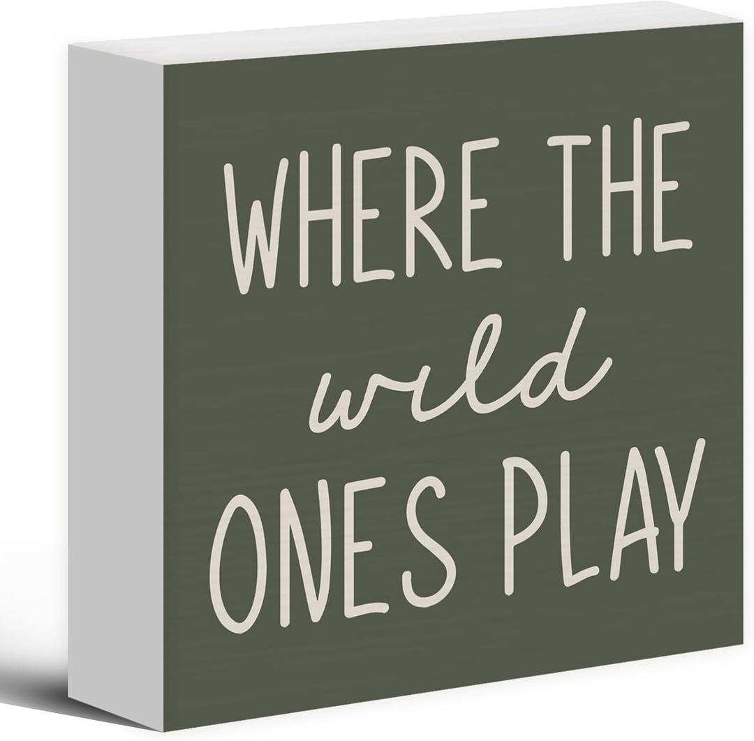 Where The Wild Ones Play Green Wood Box Sign Desk Decor 6x6, Nursery Kids Room Wooden Block Sign Decorations for Playroom Toddler Boys Girls Room Wall Tabletop Shelf Decor (Colour 15)