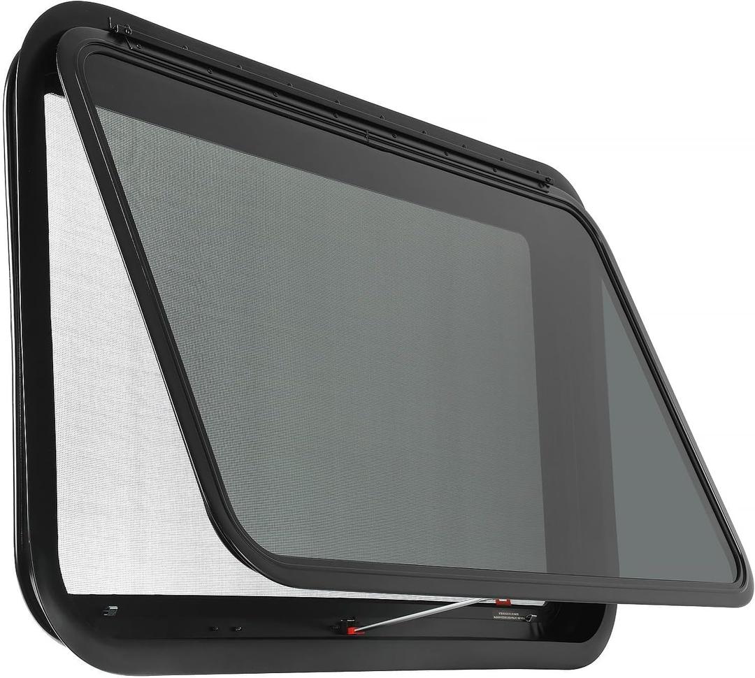RV Exit Window, 30" W x 22" H Tinted RV Window with Net Screen and Trim Ring, Suitable for 1-1/2" or 2" Walls, DOT Approved