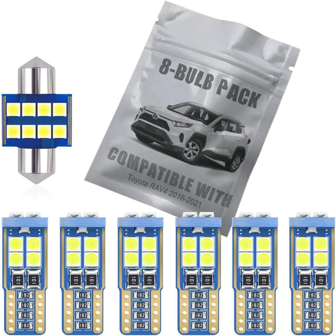 8-Pack White LED Interior Light Kit Compatible with Toyota RAV4 2016 2017 2018 2019 2020 2021 Map Dome Trunk Vanity Mirror License Plate Light Bulb Replacement Super Bright 6000K Package Combo