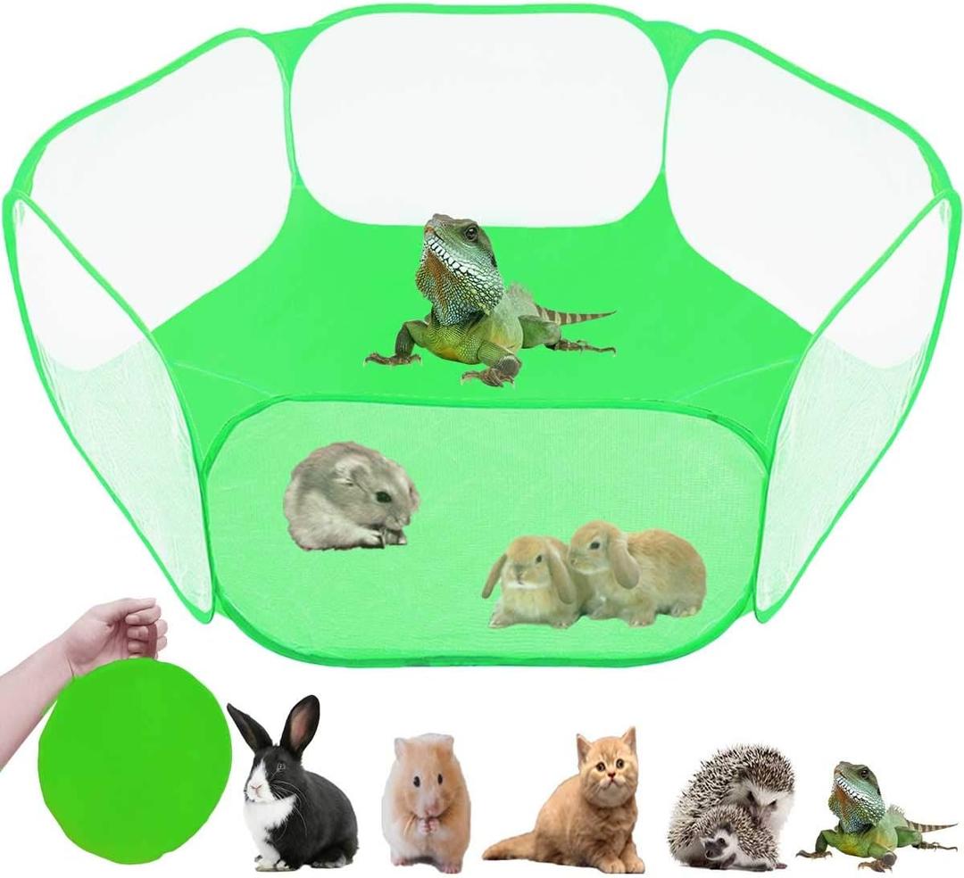 Small Animals Tent,Reptiles Cage,Breathable Transparent Pet Playpen Pop Open Outdoor/Indoor Exercise Fence,Portable Yard Fence (Cool Green), Size 45"L x 23"W x 15"H