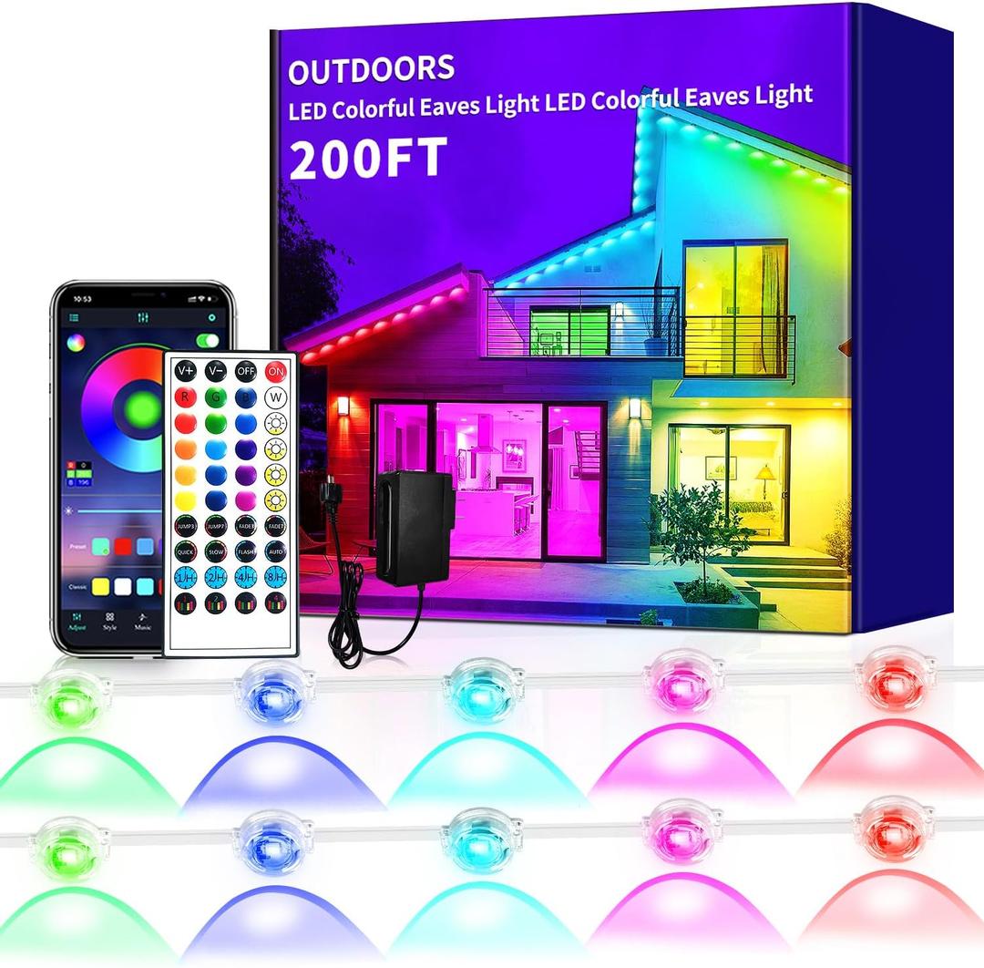 Yocrostar 200ft Permanent Outdoor Light, RGB Eaves Lights with App Control Remote, DIY IP67 Waterproof led Lights, Outside Light for House, Halloween, Roof, Garden, Christmas Decorations