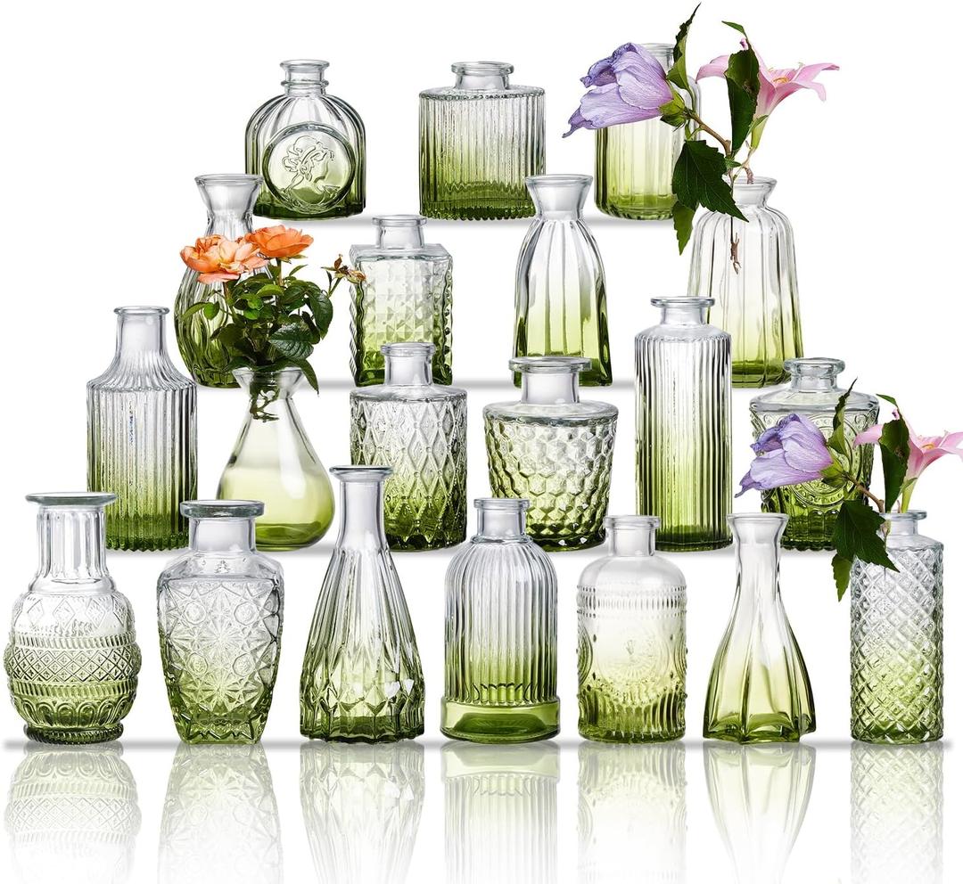 Glass Bud Vase Set of 20 - Small Vases for Flowers in Bulk - Assorted Vintage Crystal Vases for Flowers, Table Centerpieces (Green, 20 Pcs)