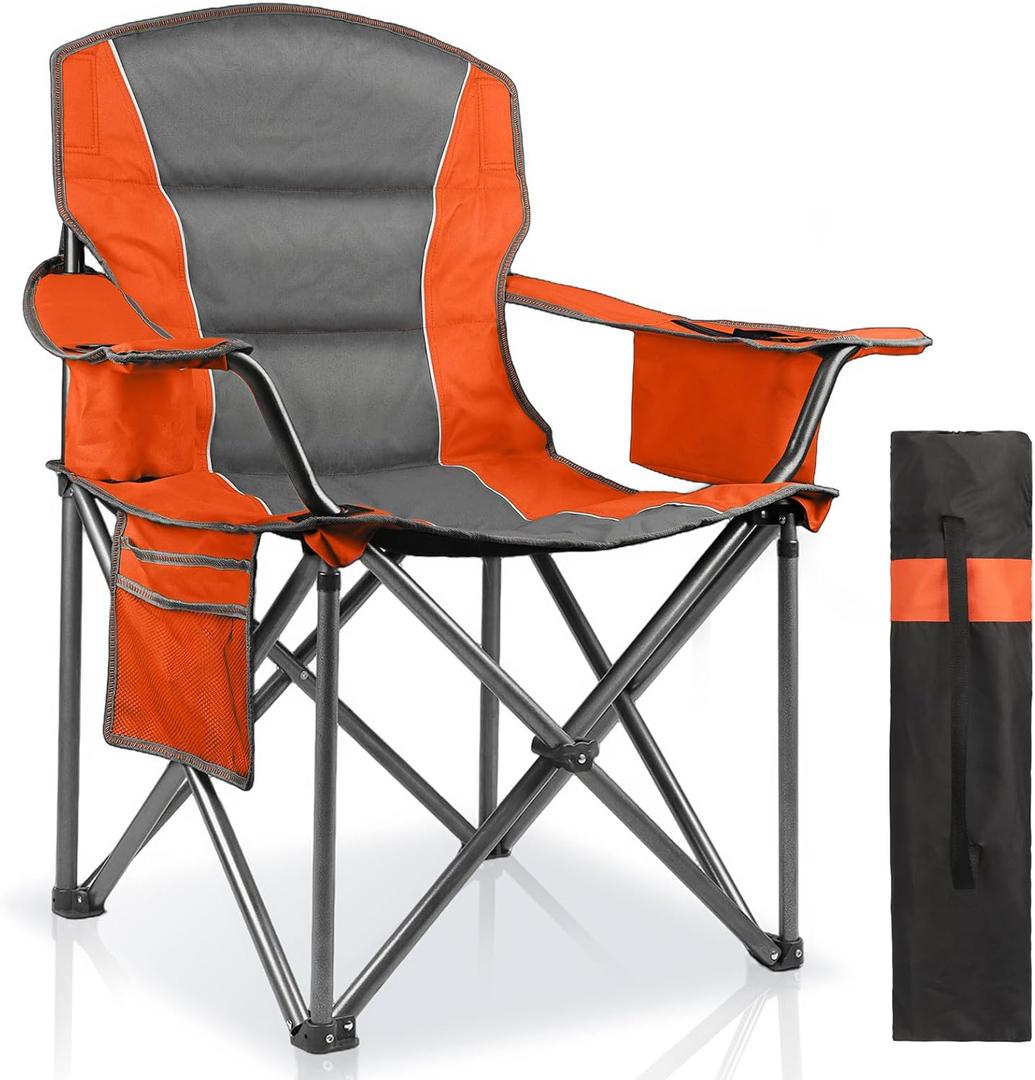 Oversized Padded Camping Chairs for Adults,Heavy Duty Support 400 Lbs,Folding Portable Lawn Chair w/Cup Holder,Cooler Bag,Side Pocket,Perfect for Outdoor Picnic,Hiking(Orange), 1 Pack