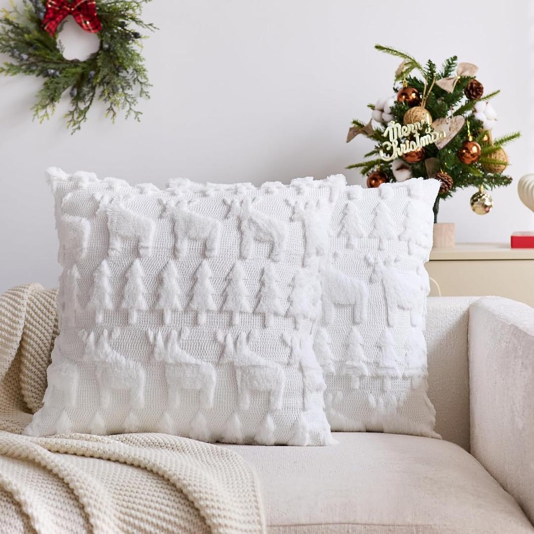 Christmas Trees Pillow Covers 18x 18 Inch Set of 2 Christmas Reindeer Shaped White Soft Faux Fur Throw Pillow Covers Xmas Winter Holiday Pillows Decorative Pillow Covers Cushion Cases for Sofa Couch