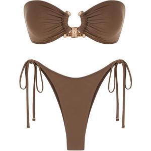 ZAFUL Women's Bandeau Bikini Shiny Metal Ring Decor Lace Up Tied Side High Cut Strapless Swimsuit (Large, 1-coffee)