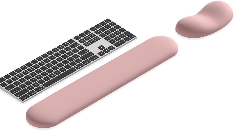 Ergonomic Wrist Rest Set for Keyboard and Mouse | Cooling Gel & Slow-Rebound Memory Foam Palm Support Pad | Luxe Leather, Minimalist, Non-Slip PU Base for Office, Laptop & Gaming (01Pink)