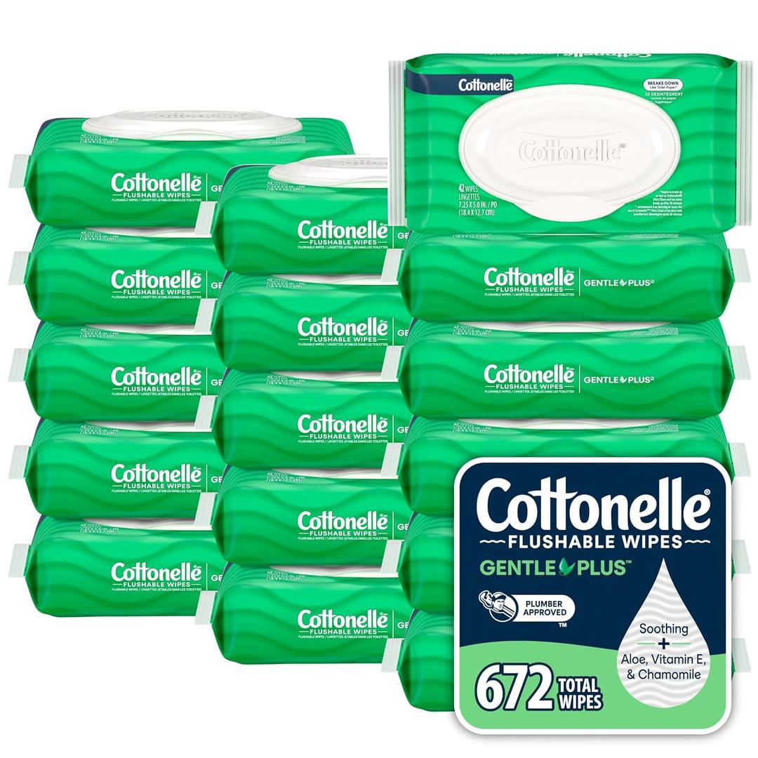Cottonelle GentlePlus Flushable Wet Wipes with Aloe & Vitamin E, 16 Flip-Top Packs, 42 Wipes Per Pack (672 Total Wipes)