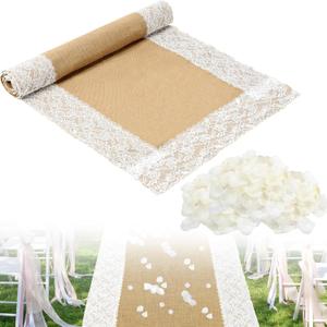 Aisle Runner for Wedding Ceremony 20 Ft x 34In 1000 Pcs White Fake Petals Wedding Decorations Linen Runway Carpet with Lace for Beach Garden Church Reception Craft Outdoor Outside Indoor