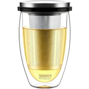 Glass Tea Cup with Infuser and Lid, Tea Infuser Mug in 12 OZ/350ML, Heat-Proof Double Wall Glass Tea Cup, 100% Plastic-Free Tea Mug with Lid and Strainer, Keeps Drinks Hot/Cold Longer Time