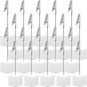 20 Pcs Cube Base Memo Clip Holder with Alligator Clip Wood Table Number Holder Cube Base Place Card Stand Mini Photo Menu Stand for Displaying Number Card(White)