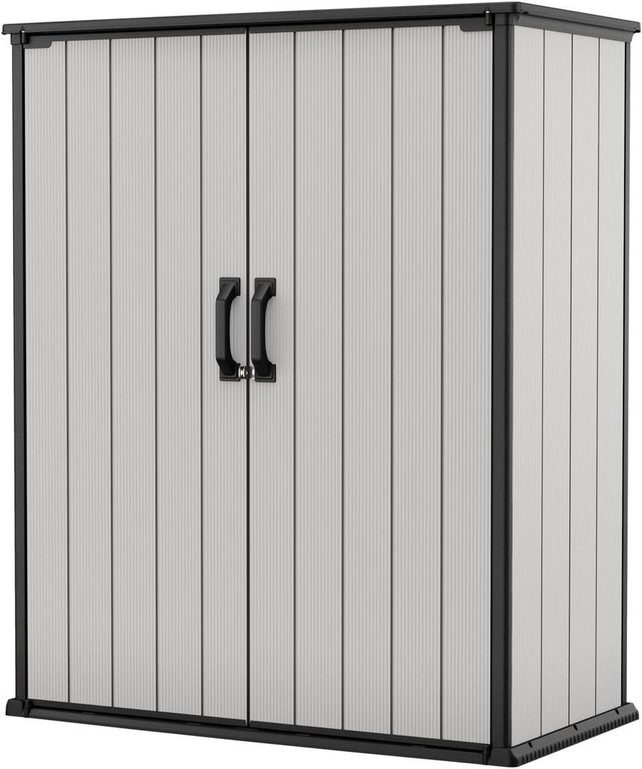 Keter Premier Tall 4.6x5.6 ft Resin Outdoor Storage Shed, Backyard Garden Shed with Shelving Brackets for Tools, Patio Furniture, Pool & Bike Storage, Grey & Black, 62 cu. ft Capacity