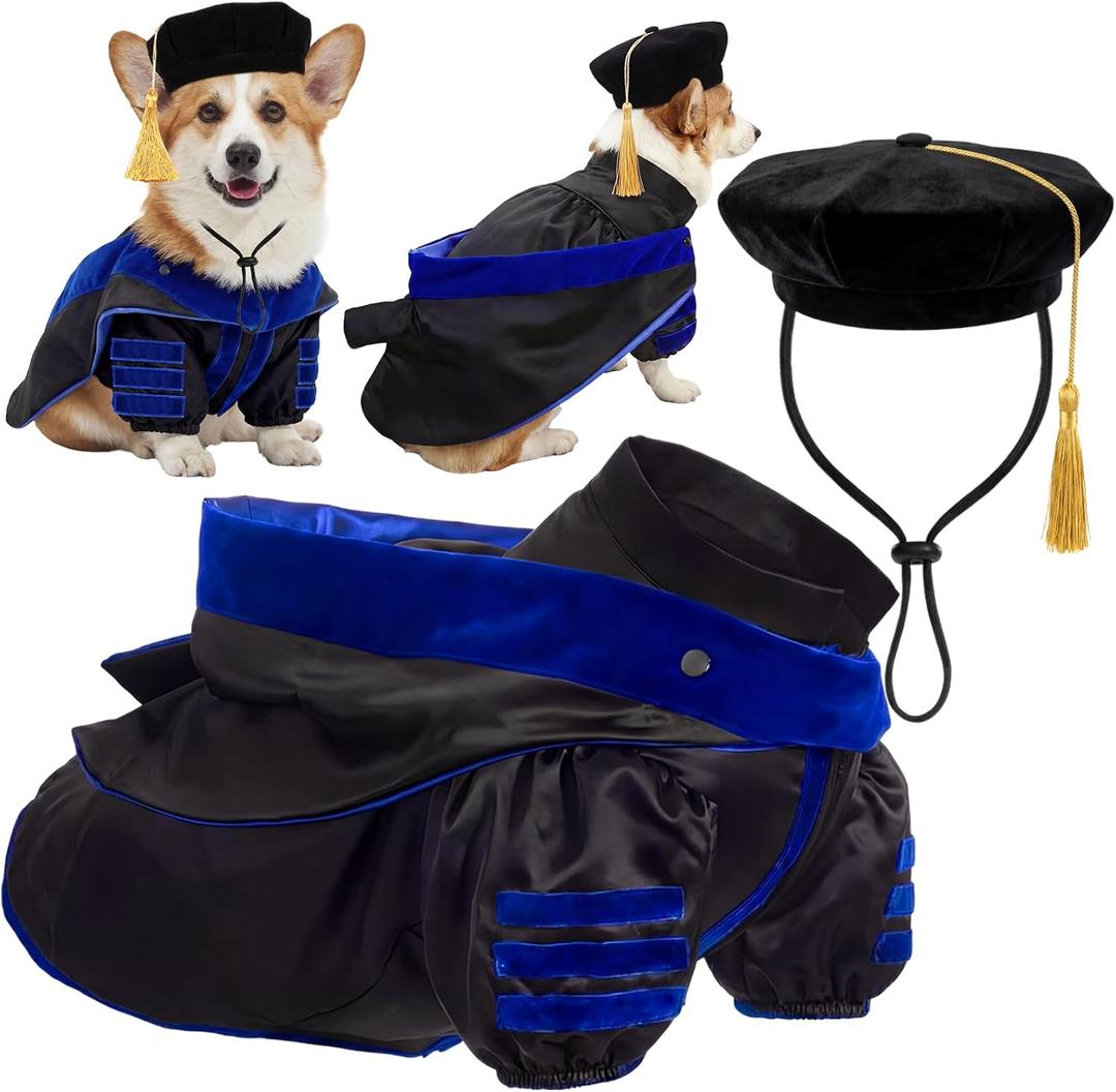 Huhumy 3 Pcs Dog Cat Graduation Doctoral Costume Set, 2026 Pet Phd Graduation Cap and Deluxe Doctoral Gown with Hood Side Tam Puppy Kitty Dogs Grad Holiday Party Costume Accessory(Royal Blue,L)