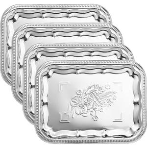 4-Pack 15.7" x 11.8" Large Silver Serving Trays Set - Floral Pattern Engraved Mirror Tray, Holiday & Party Tableware Platters for Whiskey, Cookies, Charcuterie, Snacks, Desserts, Party Food Display