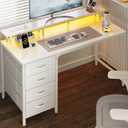 Huuger 47 Inch Computer Desk with Power Outlets and LED Lights, Gaming Desk with 4 Drawers, Office Desk with Monitor Stand, Study Work Home Office, Small Spaces, White, 47.2"D x 19.7"W x 33.9"H