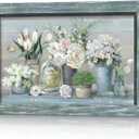 Abstract Floral Framed Wall Art - Rustic White Flower Painting Botanical Bouquet in Vase Picture Plant Prints Wooden Artwork for Kitchen Dining Room (24L" x 16W", blue)