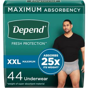 Depend Fresh Protection Adult Incontinence Underwear for Men, Disposable, Maximum, Extra-Extra-Large, Grey, 44 Count (2 Packs of 22), Packaging May Vary (XX-Large)