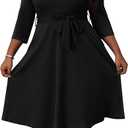 FANDEE Plus Size Midi Dress for Women - Printing Summer Dresses Casual 3/4 Sleeves Round Neck, Pockets and Belt (3XL)